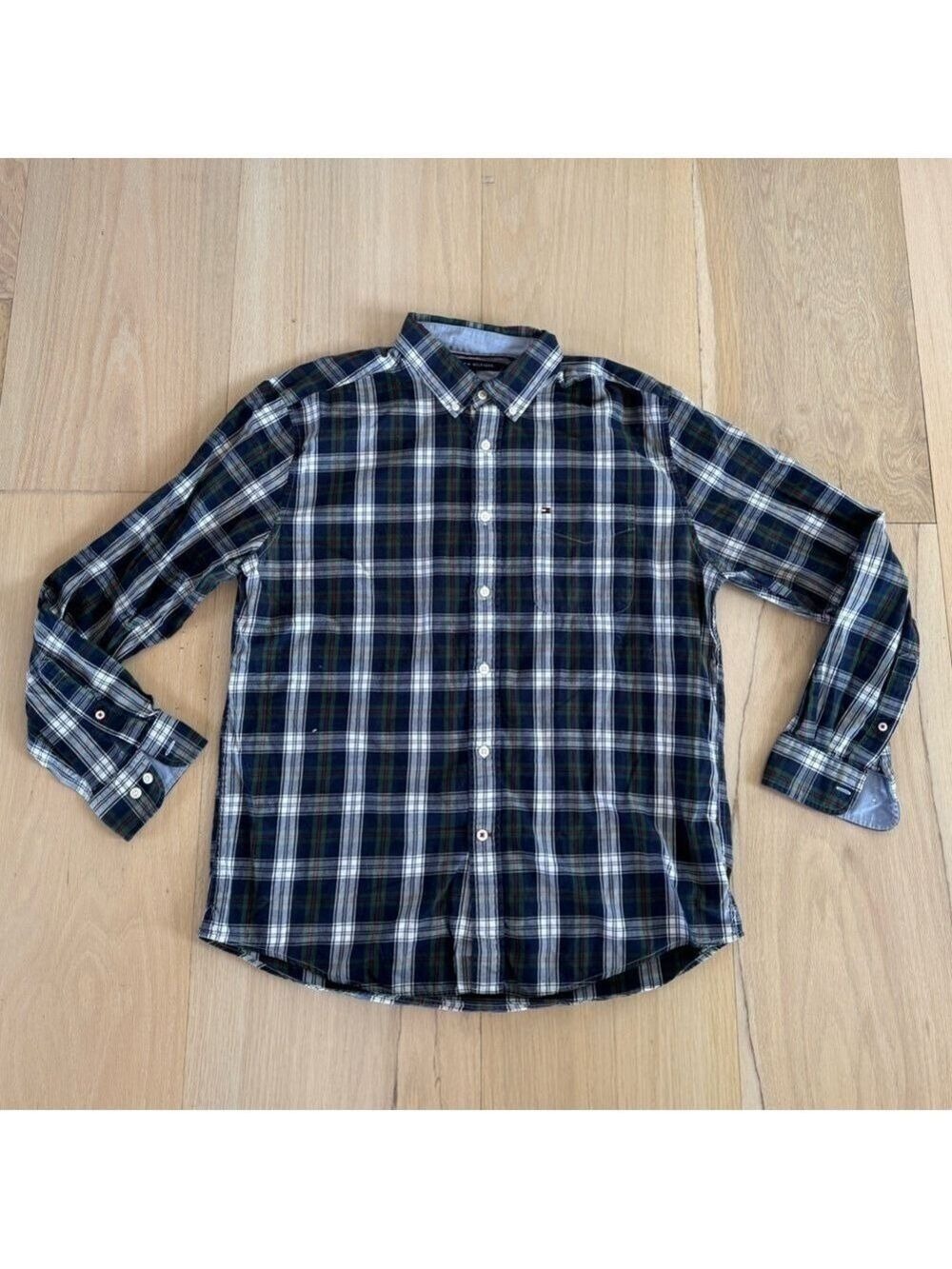 Tommy Hilfiger Casual Button Down Long Sleeve Navy Plaid Size Large